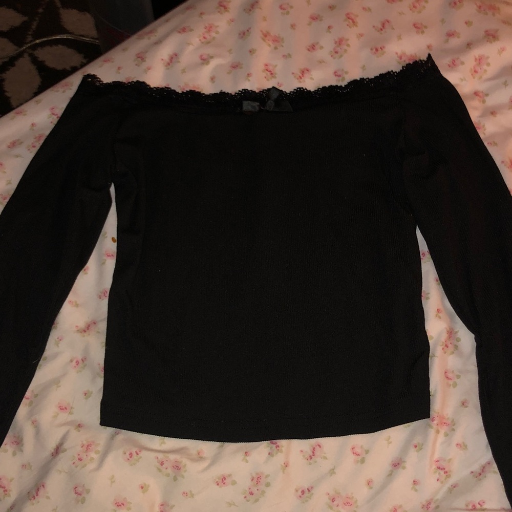 Black Off-Shoulder Lace Trim Top